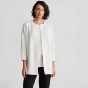 Eileen Fisher Organic Cotton White Grid pattern Open front Stand Collar Jacket